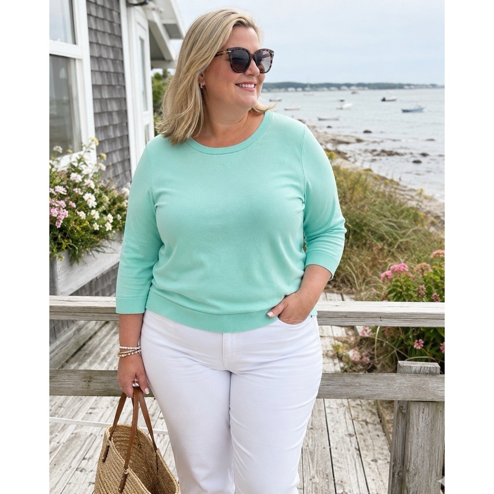 Lands End Supima Cotton Mint Green 3/4 Sleeve Crewneck Sweater Women's 2X Resort